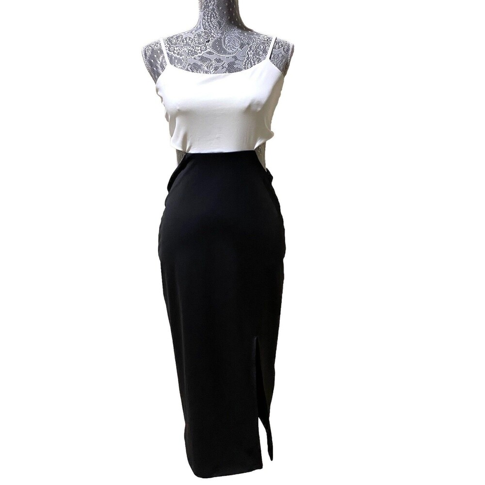BEBE Womens M Black White Cutout Midi Dress Side Slit Homecoming Party Cocktail